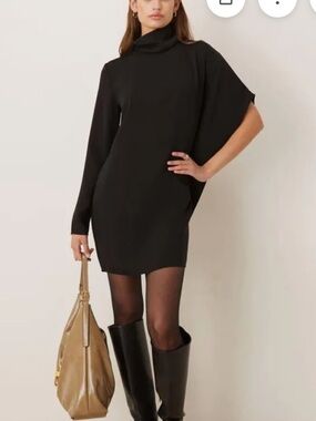 MNG by Mango High Neck Asymmetric Sleeve Black Mini Dress US 4